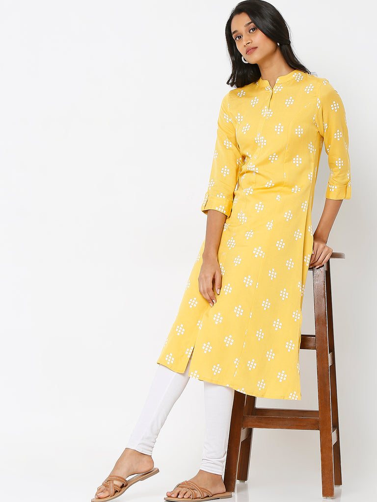Women's Mustard Viscose Blend Printed Kurta