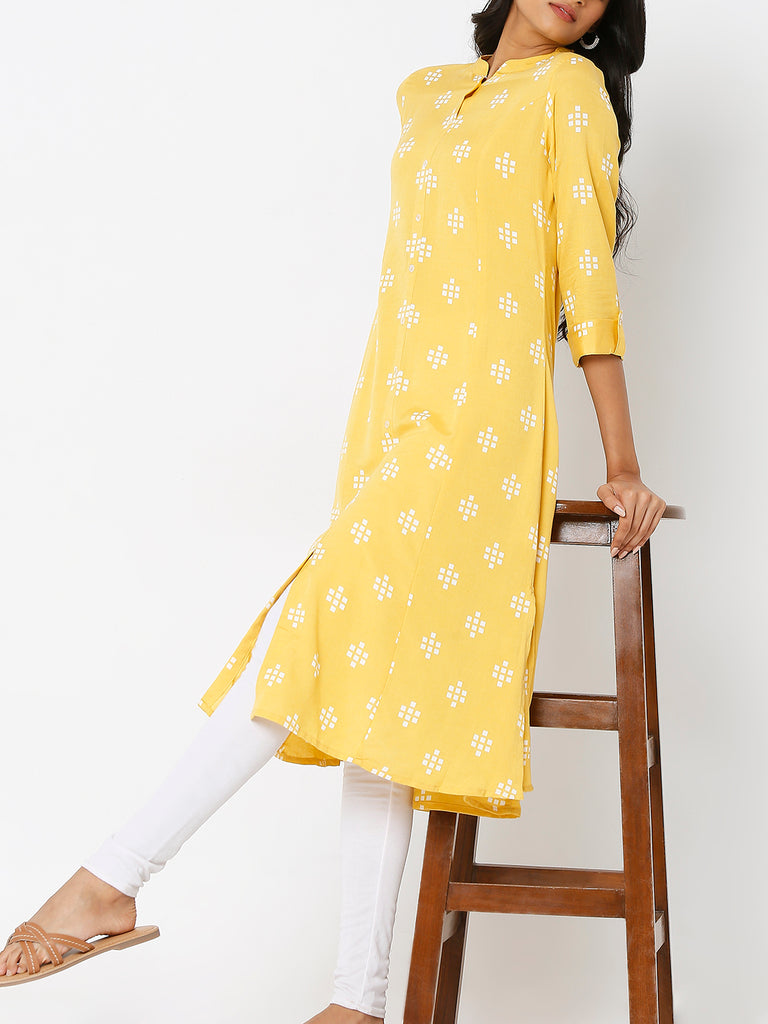 Women's Mustard Viscose Blend Printed Kurta