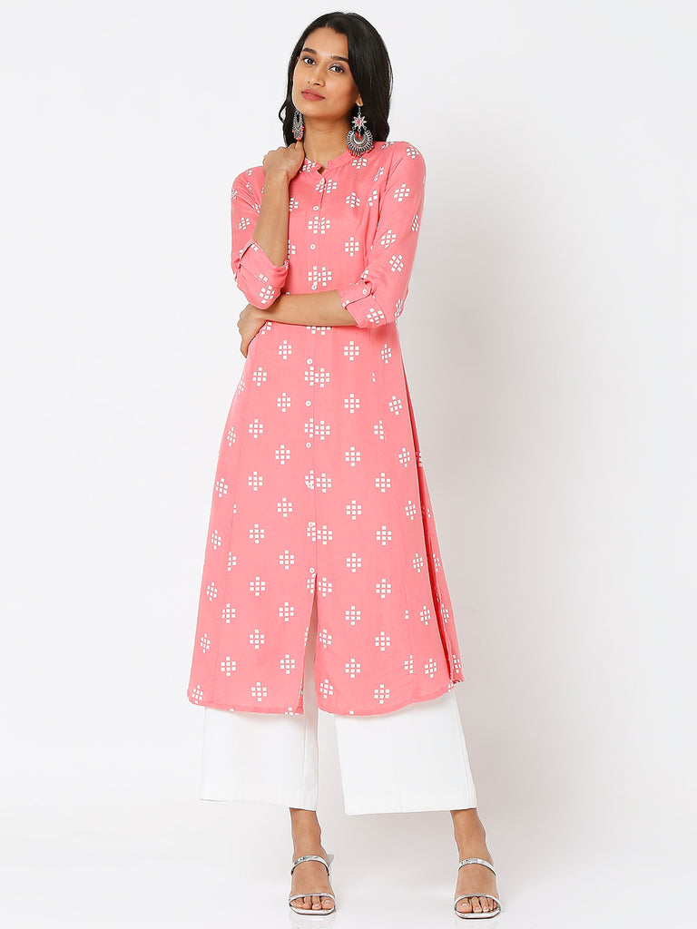 Women's Pink Viscose Blend Printed Kurta