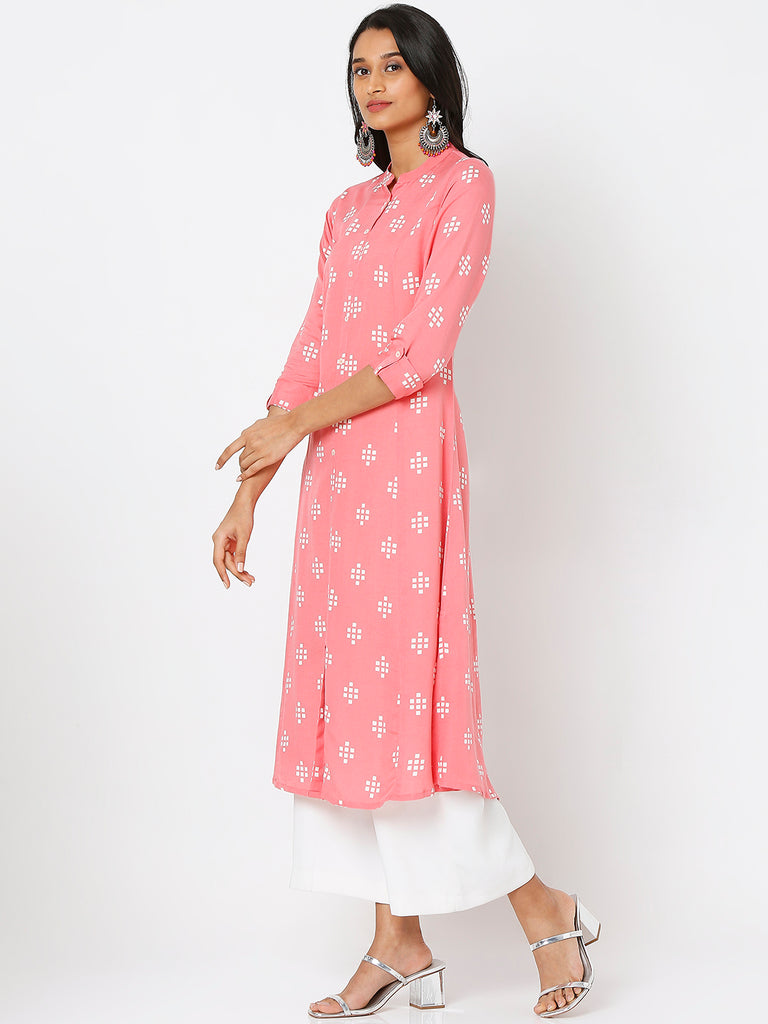Women's Pink Viscose Blend Printed Kurta