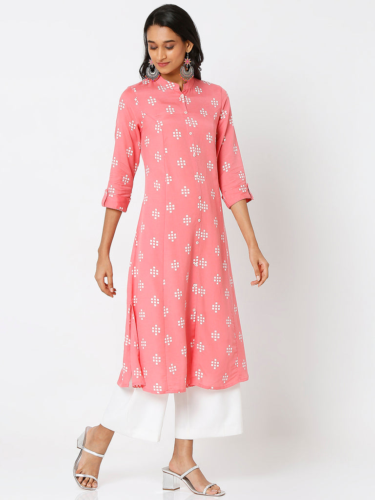 Women's Pink Viscose Blend Printed Kurta