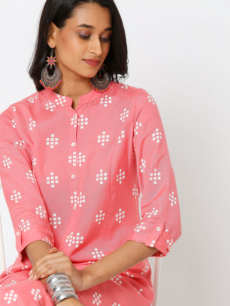 Women's Pink Viscose Blend Printed Kurta