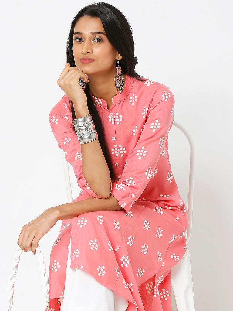 Women's Pink Viscose Blend Printed Kurta