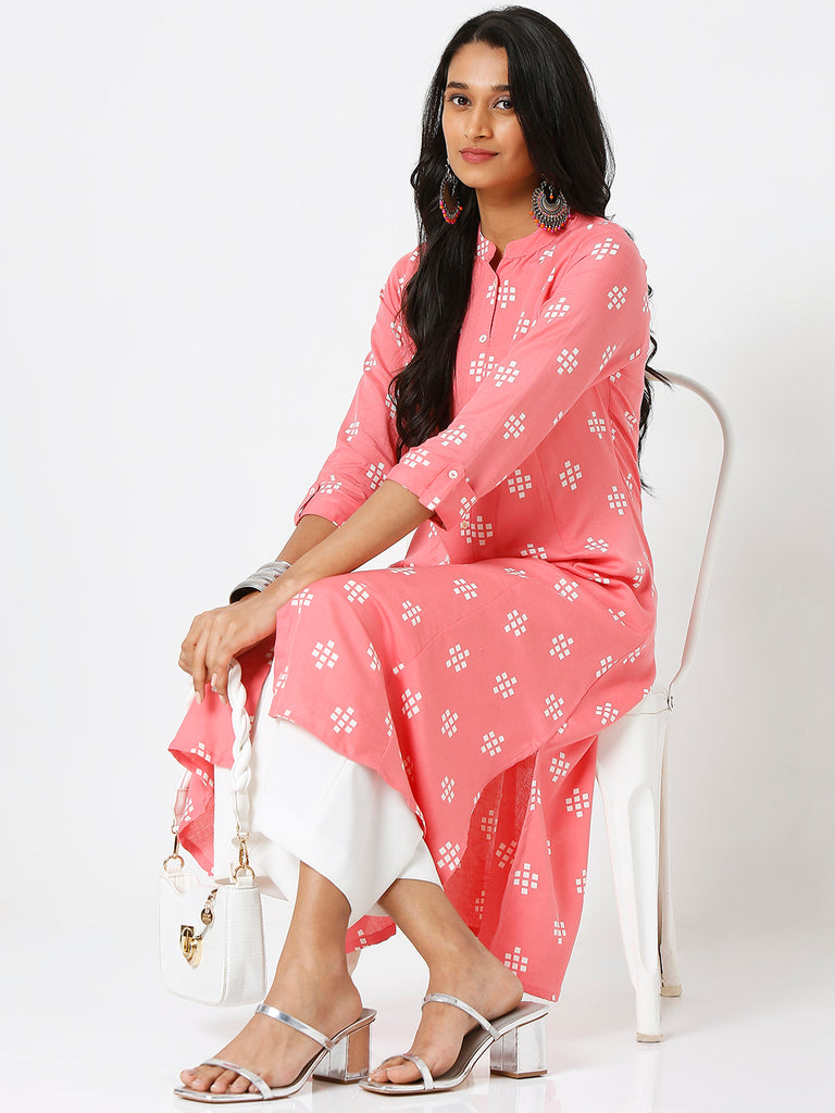 Women's Pink Viscose Blend Printed Kurta
