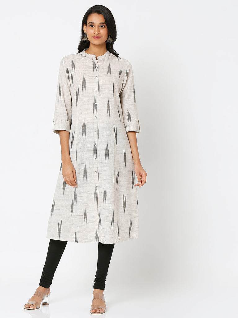 Women's Beige Polyester Blend Printed Kurta
