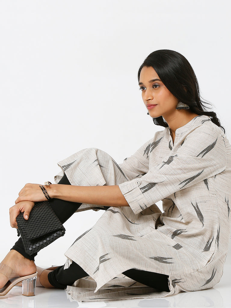 Women's Beige Polyester Blend Printed Kurta