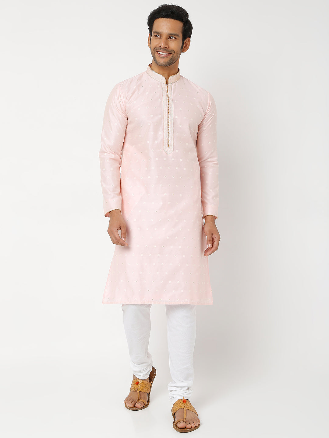 Men's Pink Polyester Cotton Printed Kurta Churidar Sets