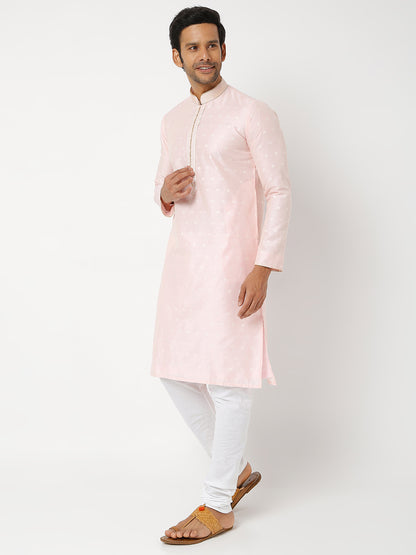 Men's Pink Polyester Cotton Printed Kurta Churidar Sets