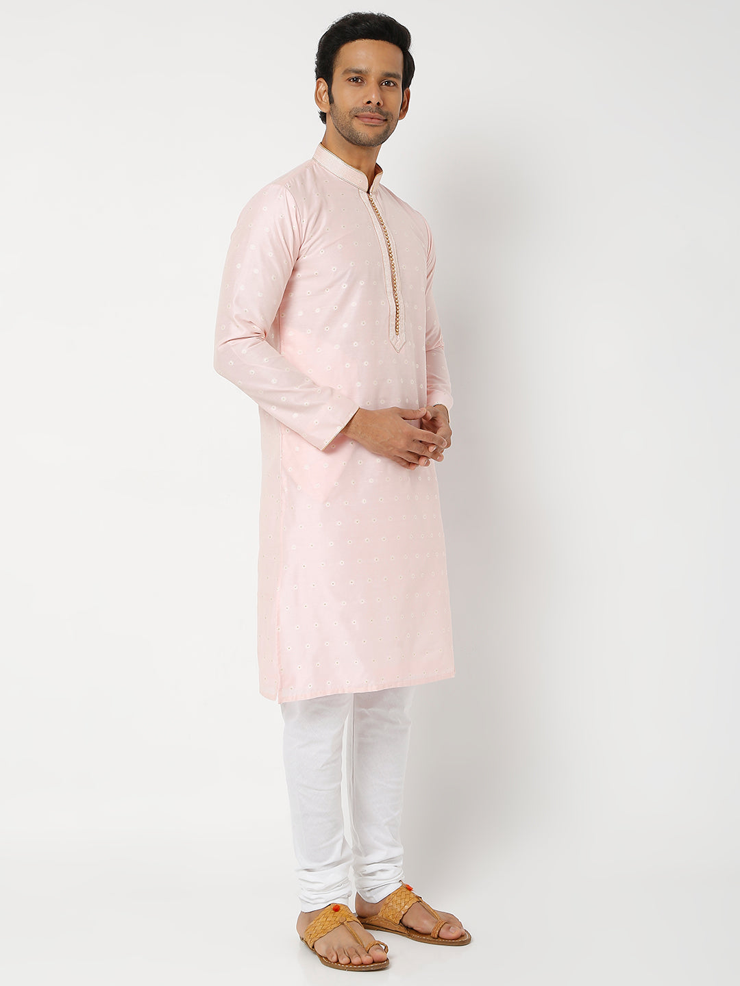 Men's Pink Polyester Cotton Printed Kurta Churidar Sets