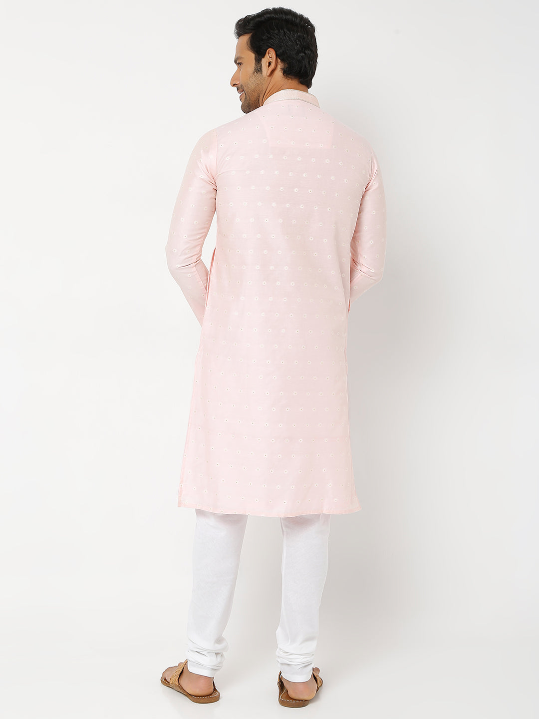 Men's Pink Polyester Cotton Printed Kurta Churidar Sets