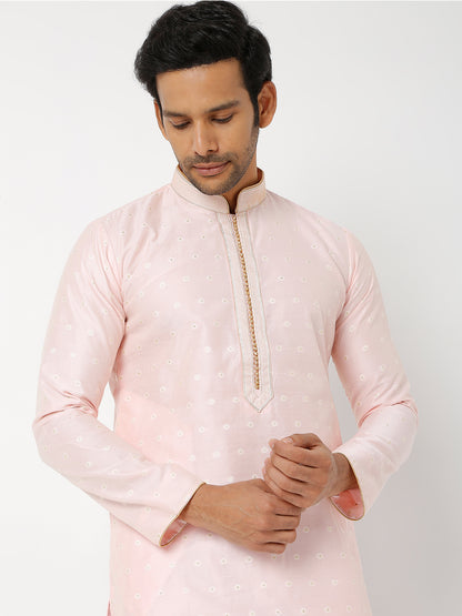 Men's Pink Polyester Cotton Printed Kurta Churidar Sets