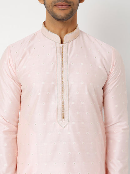 Men's Pink Polyester Cotton Printed Kurta Churidar Sets