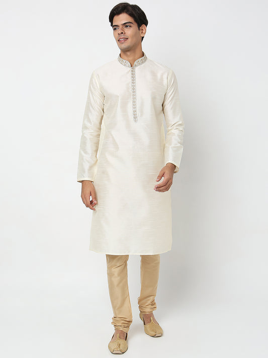 Men's Off White Polyester Cotton Embroidered Kurta Pyjama Set
