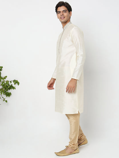 Men's Off White Polyester Cotton Embroidered Kurta Pyjama Set