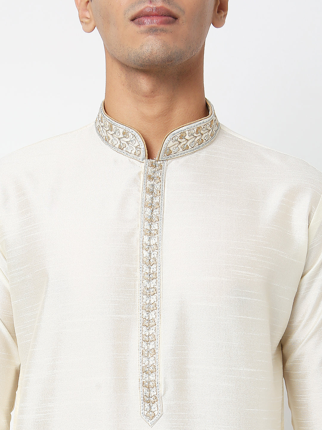Men's Off White Polyester Cotton Embroidered Kurta Pyjama Set