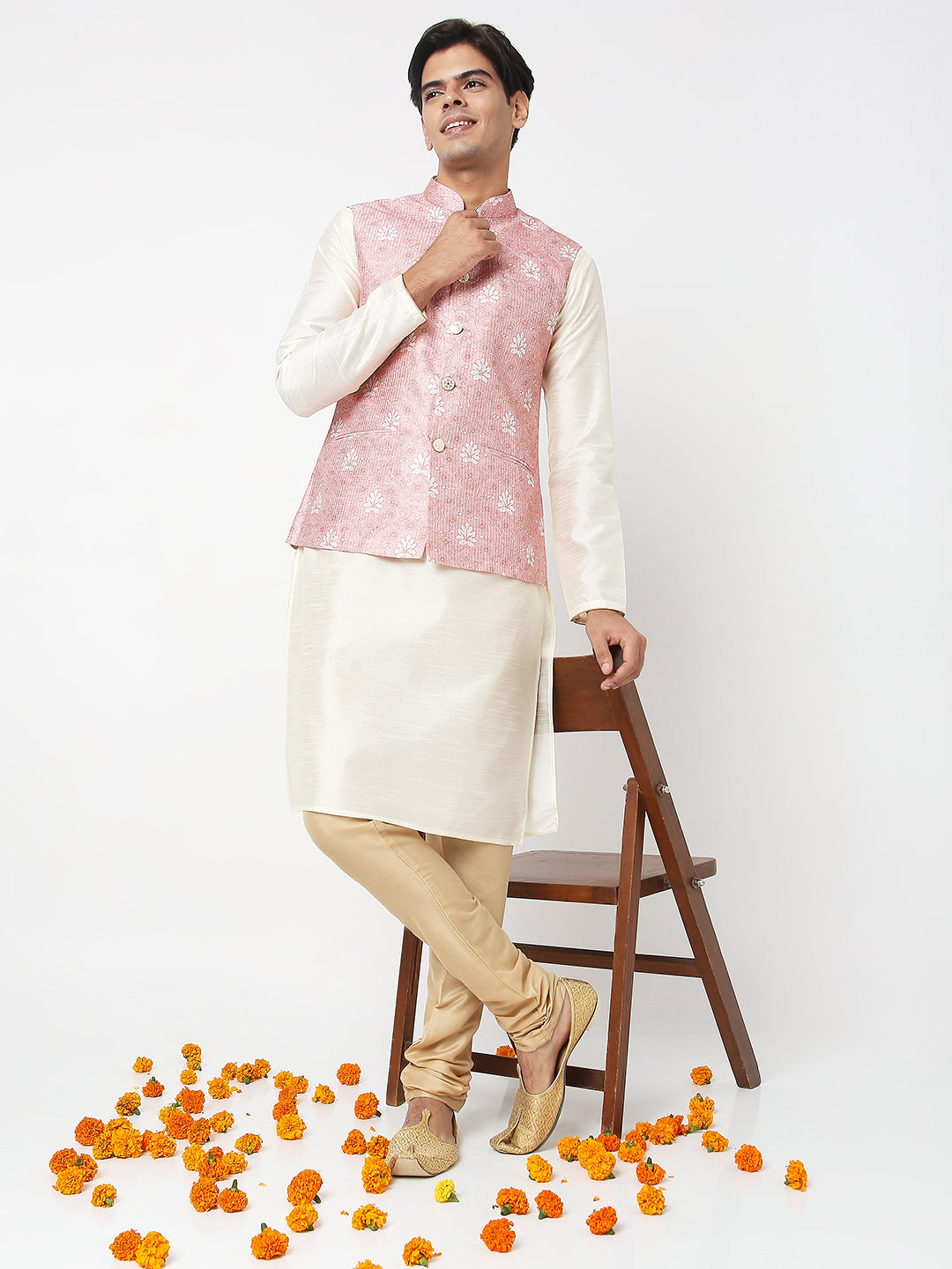 Men's Off White Polyester Cotton Embroidered Kurta Pyjama Set
