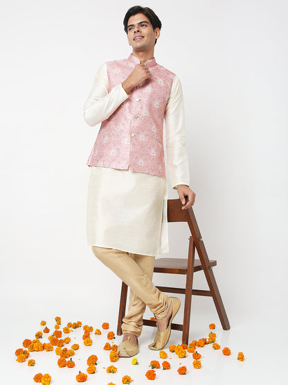 Men's Off White Polyester Cotton Embroidered Kurta Pyjama Set
