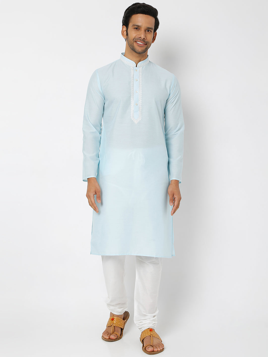Men's Blue Polyester Cotton Embellished Kurta Churidar Sets