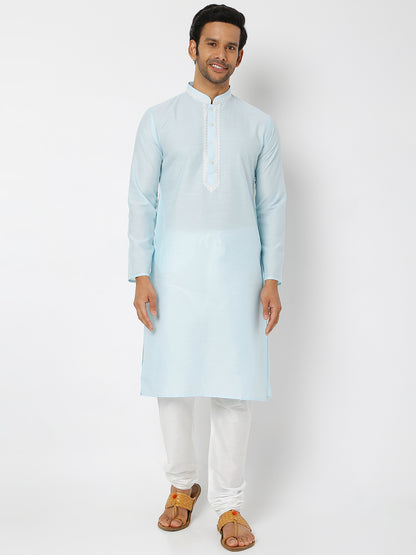Men's Blue Polyester Cotton Embellished Kurta Churidar Sets