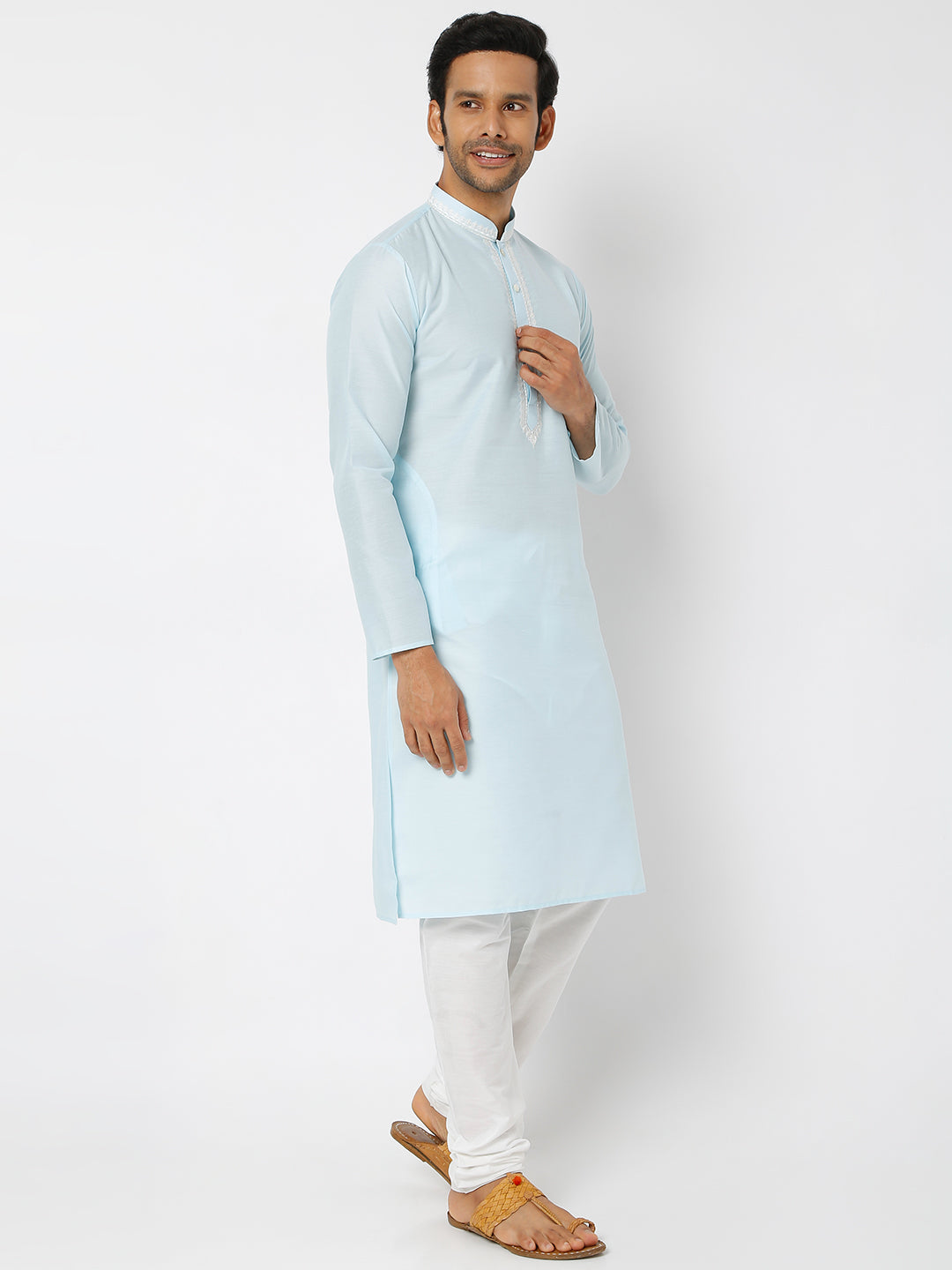 Men's Blue Polyester Cotton Embellished Kurta Churidar Sets