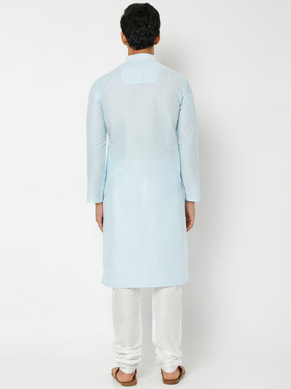 Men's Blue Polyester Cotton Embellished Kurta Churidar Sets