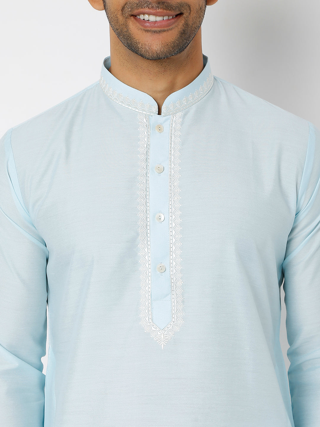 Men's Blue Polyester Cotton Embellished Kurta Churidar Sets