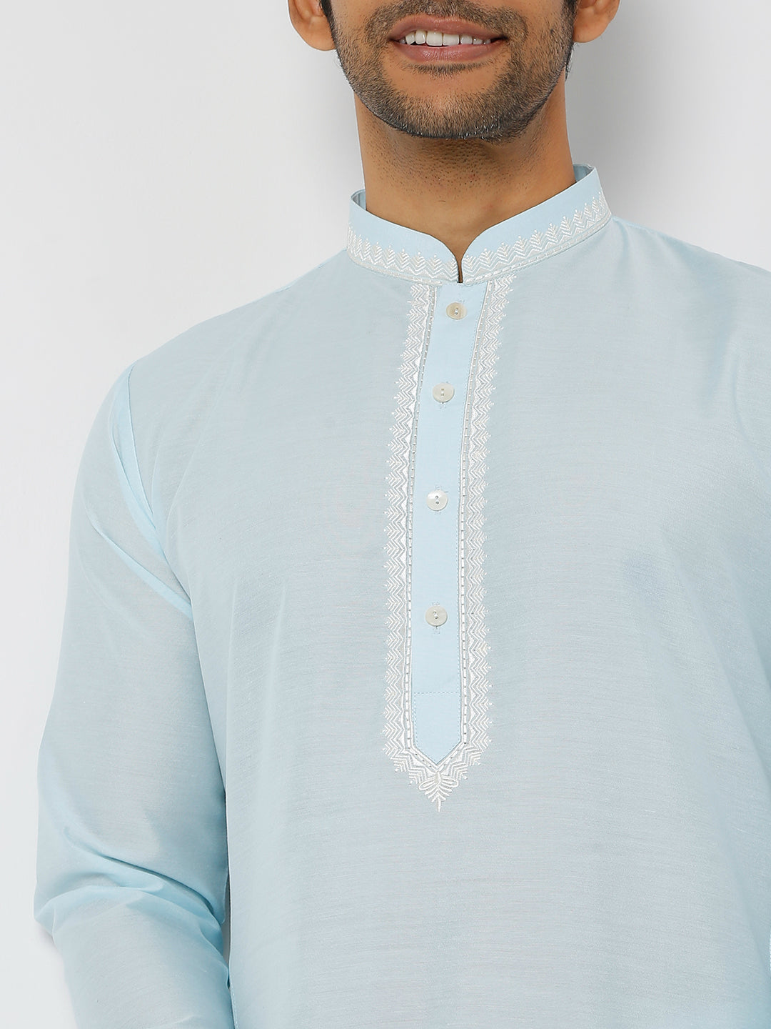 Men's Blue Polyester Cotton Embellished Kurta Churidar Sets