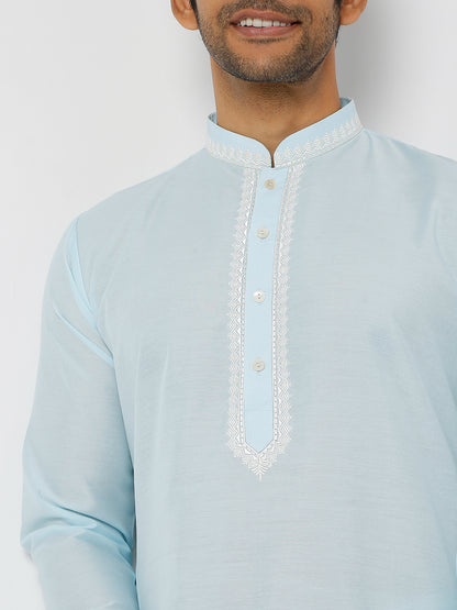 Men's Blue Polyester Cotton Embellished Kurta Churidar Sets