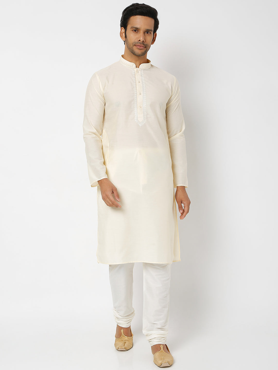 Men's Cream Polyester Cotton Embellished Kurta Churidar Sets