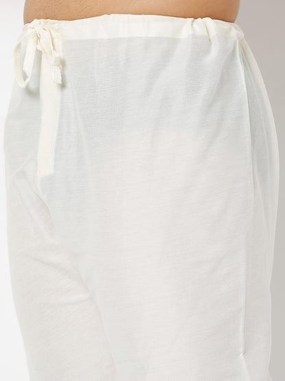 Men's Cream Polyester Cotton Embellished Kurta Churidar Sets