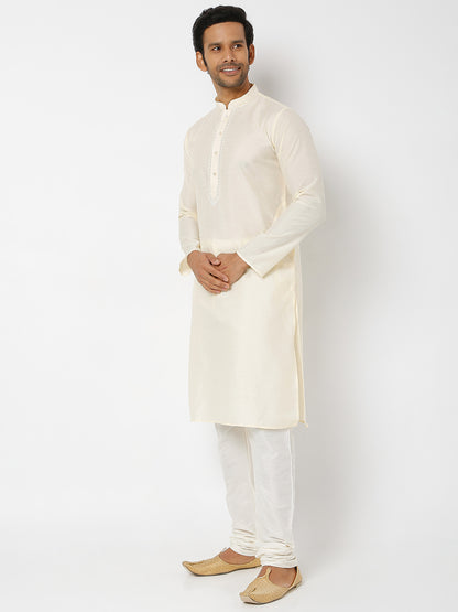 Men's Cream Polyester Cotton Embellished Kurta Churidar Sets