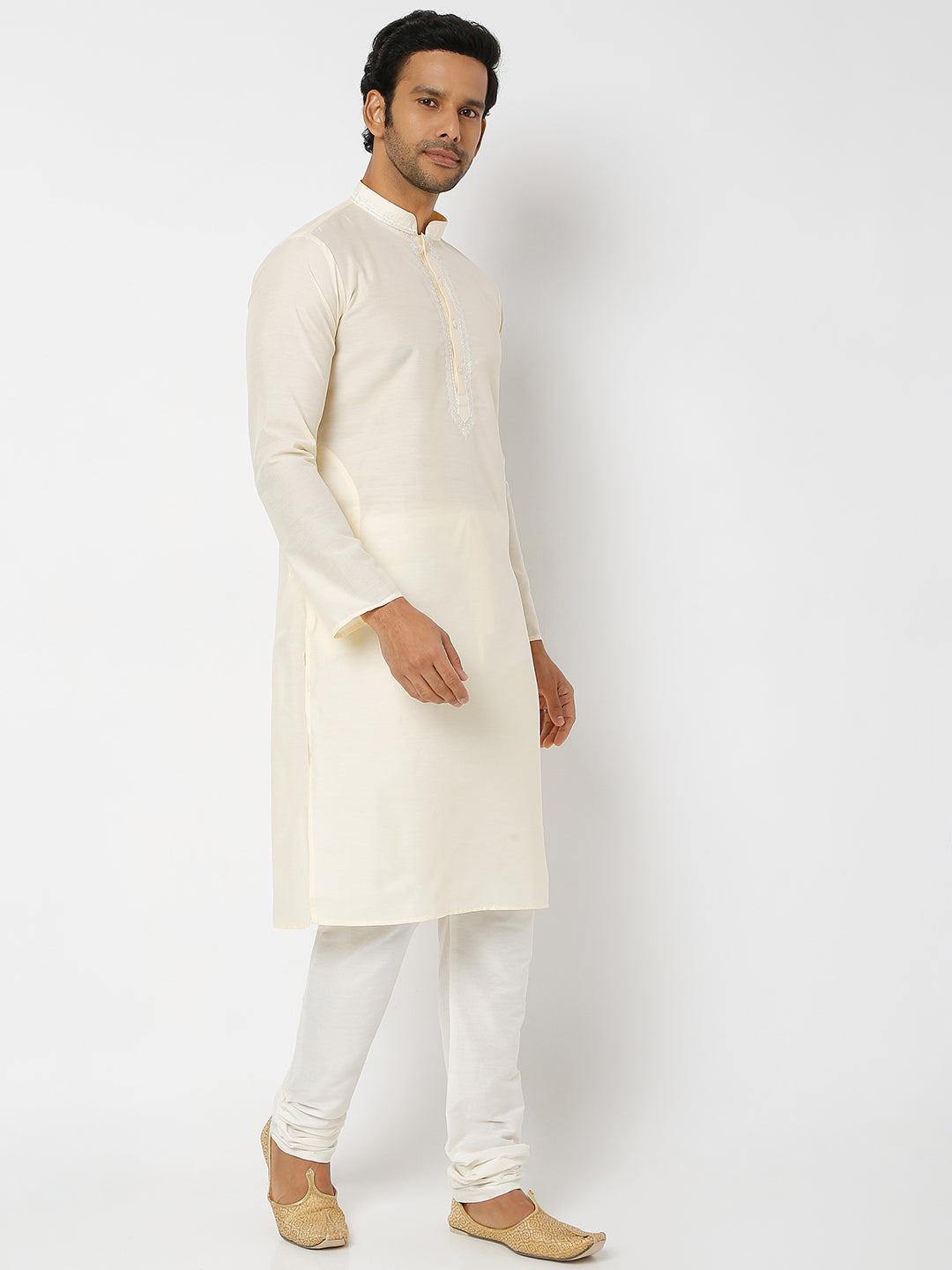 Men's Cream Polyester Cotton Embellished Kurta Churidar Sets