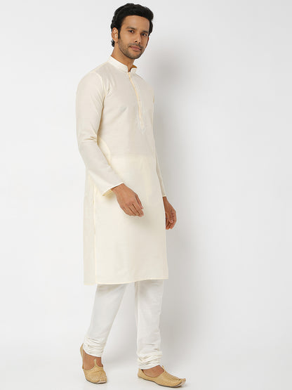 Men's Cream Polyester Cotton Embellished Kurta Churidar Sets