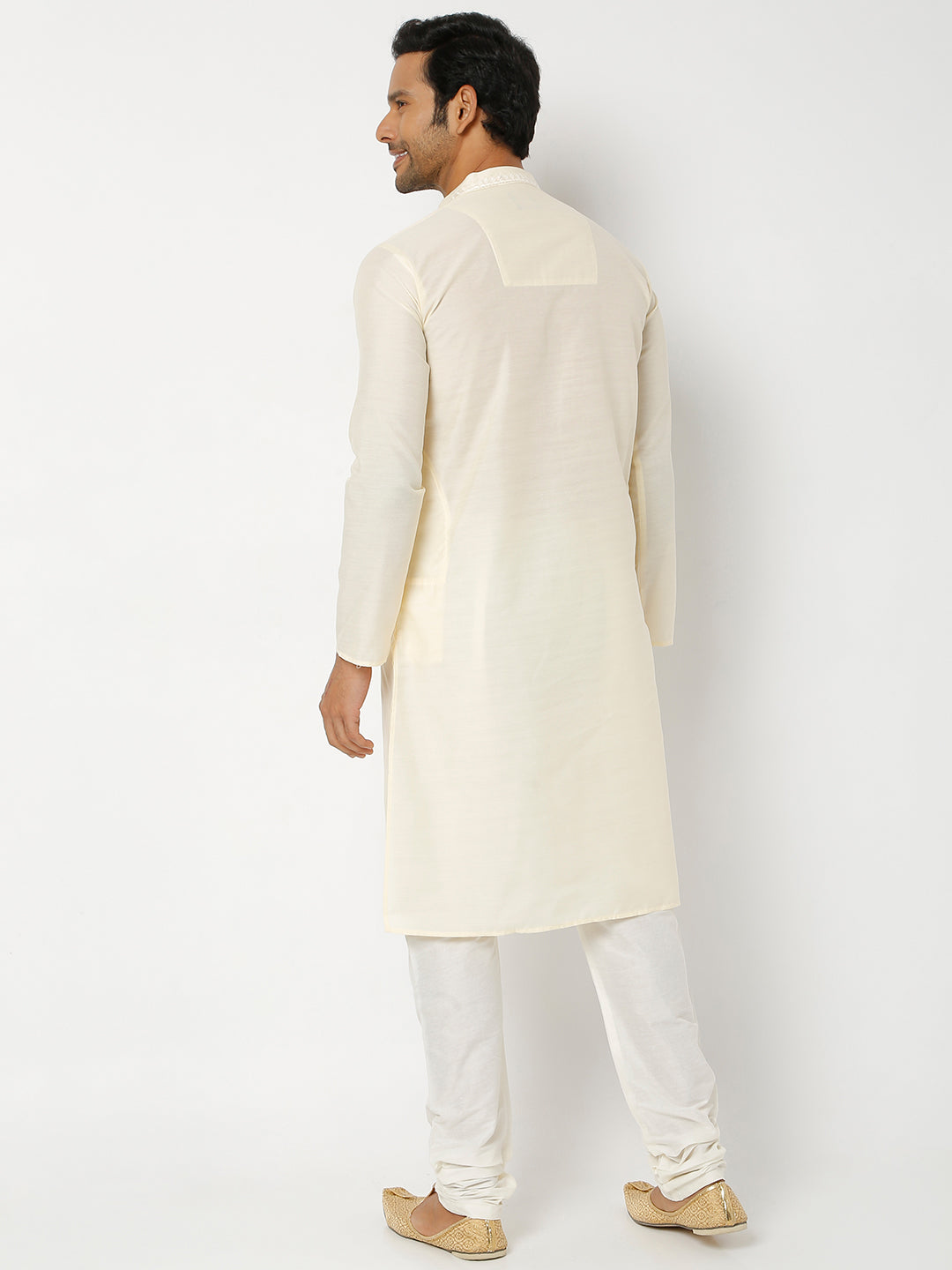 Men's Cream Polyester Cotton Embellished Kurta Churidar Sets