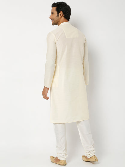 Men's Cream Polyester Cotton Embellished Kurta Churidar Sets