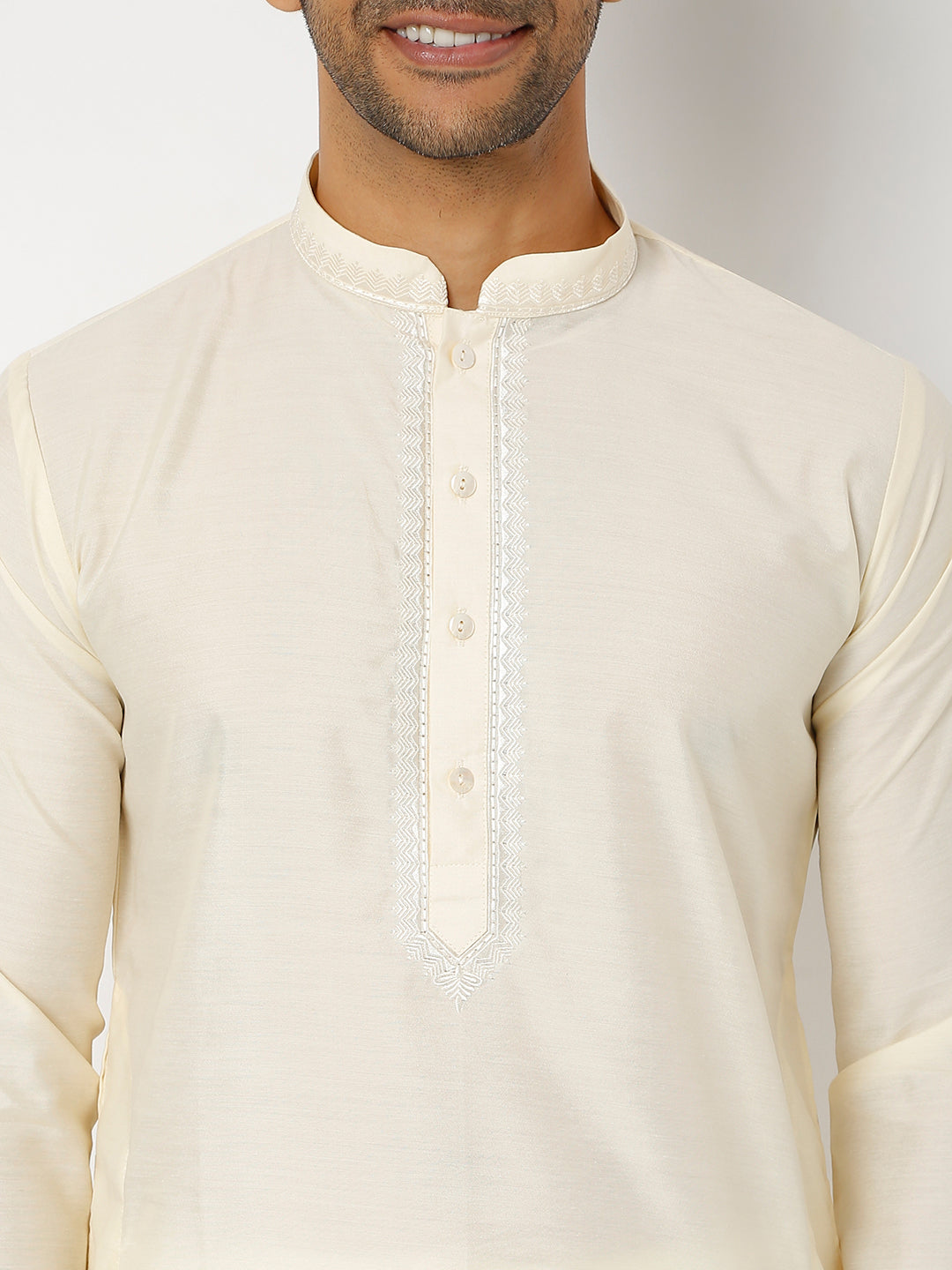 Men's Cream Polyester Cotton Embellished Kurta Churidar Sets