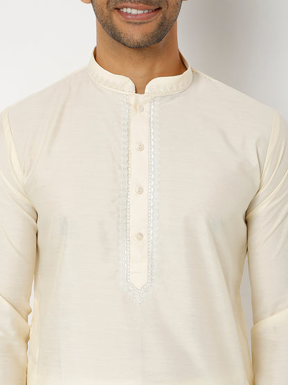 Men's Cream Polyester Cotton Embellished Kurta Churidar Sets