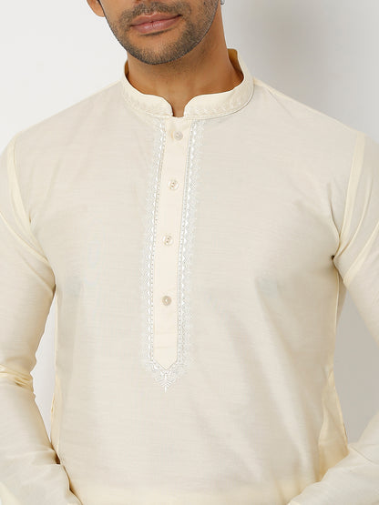 Men's Cream Polyester Cotton Embellished Kurta Churidar Sets