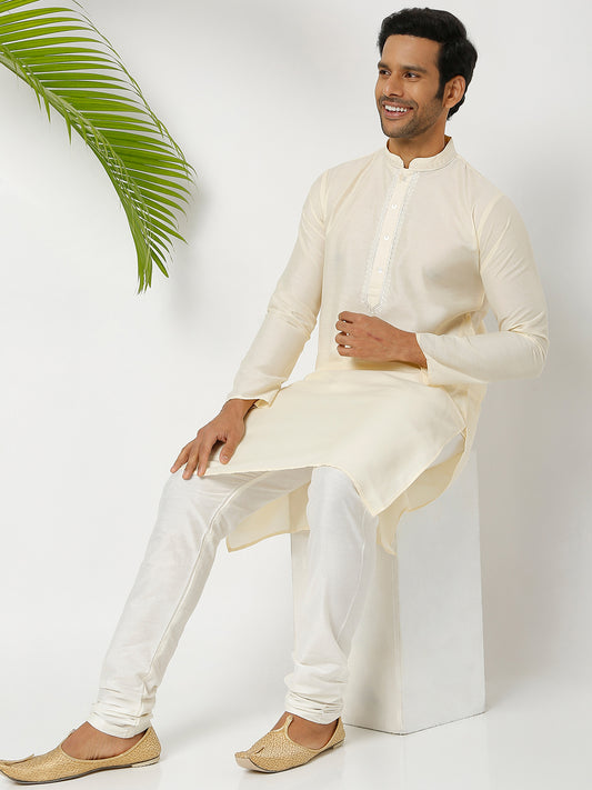 Men's Cream Polyester Cotton Embellished Kurta Churidar Sets