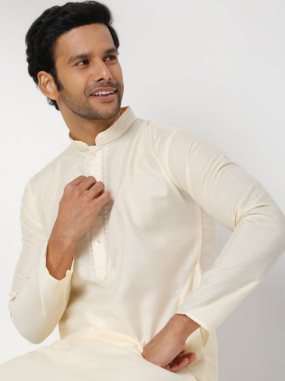 Men's Cream Polyester Cotton Embellished Kurta Churidar Sets