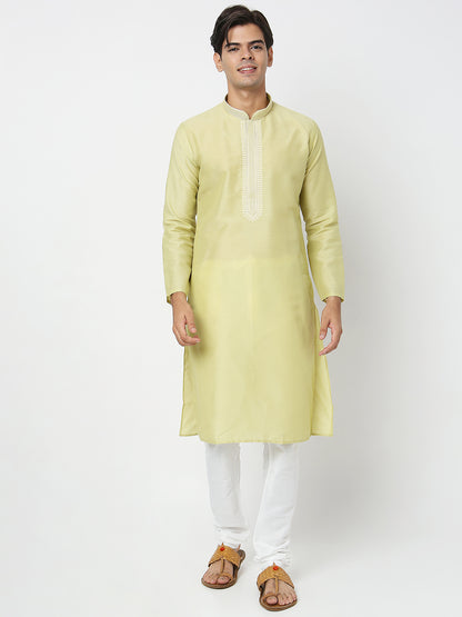 Men's Green Polyester Cotton Embroidered Kurta Pyjama Set