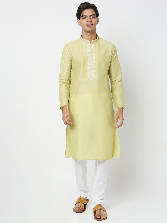 Men's Green Polyester Cotton Embroidered Kurta Pyjama Set