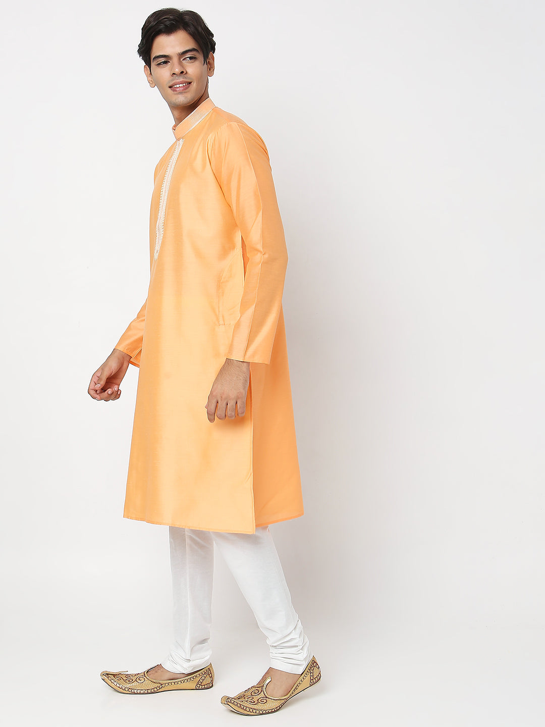 Men's Orange Polyester Cotton Embroidered Kurta Pyjama Set