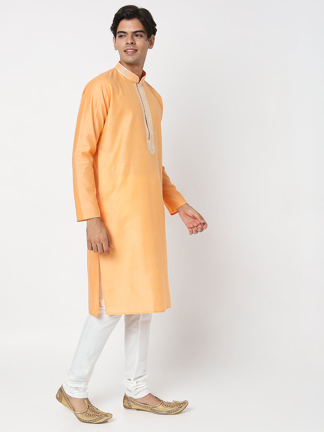 Men's Orange Polyester Cotton Embroidered Kurta Pyjama Set
