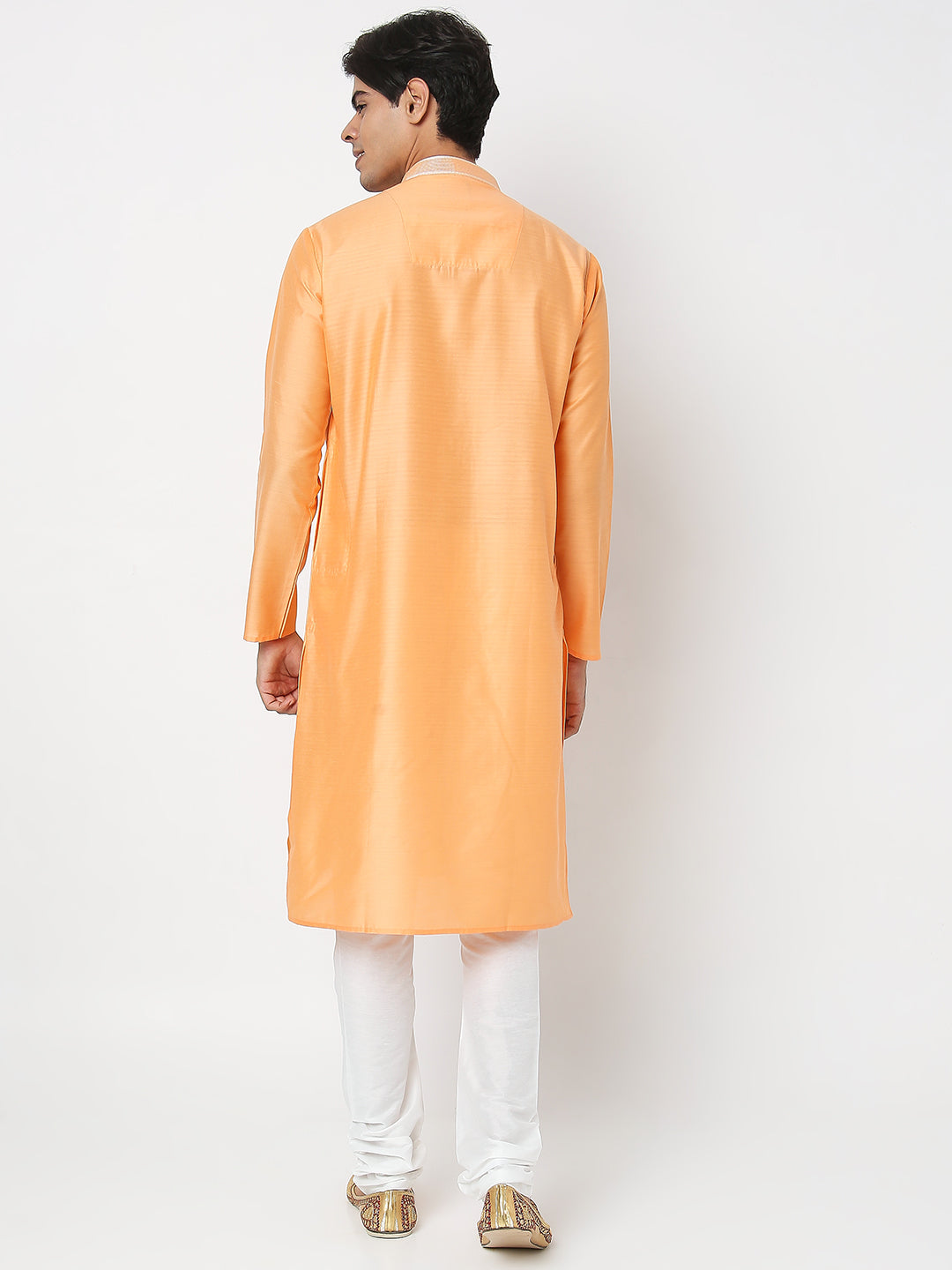 Men's Orange Polyester Cotton Embroidered Kurta Pyjama Set