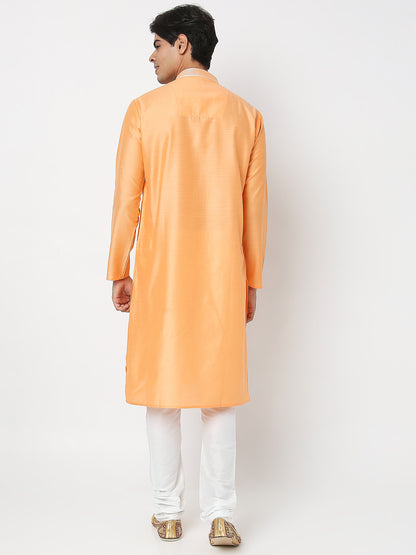 Men's Orange Polyester Cotton Embroidered Kurta Pyjama Set
