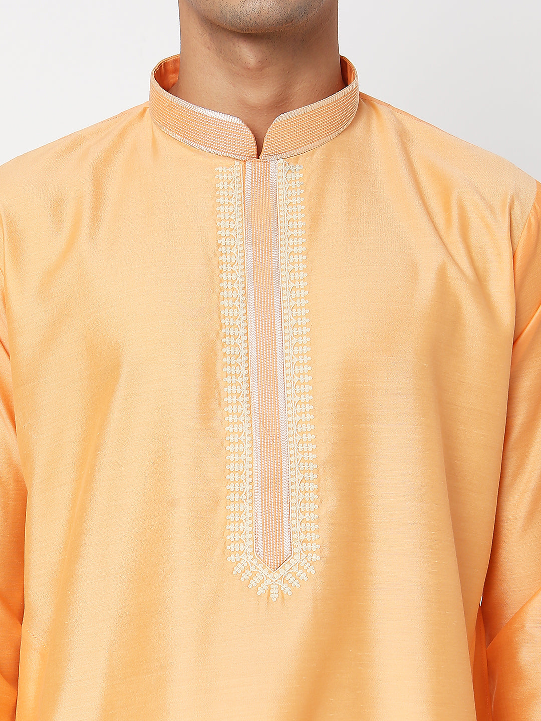 Men's Orange Polyester Cotton Embroidered Kurta Pyjama Set
