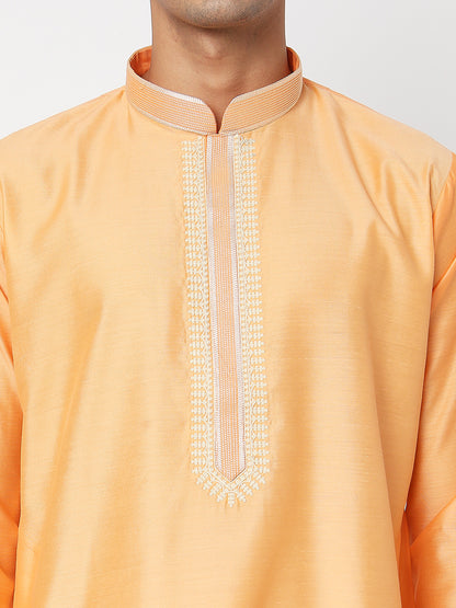 Men's Orange Polyester Cotton Embroidered Kurta Pyjama Set