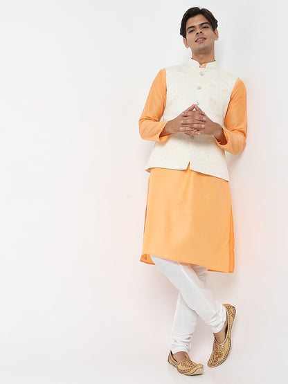 Men's Orange Polyester Cotton Embroidered Kurta Pyjama Set