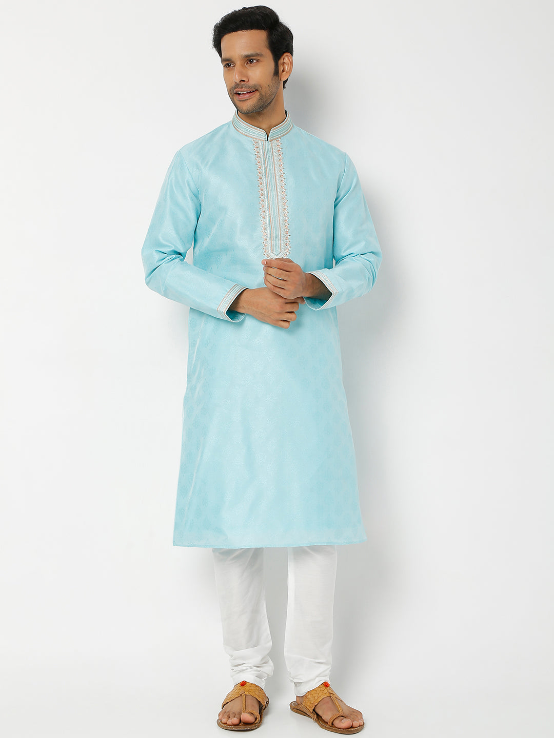 Men's Blue Polyester Cotton Printed Kurta Churidar Sets